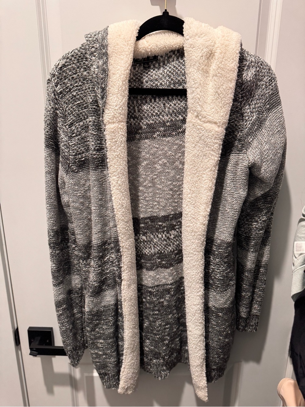 Open-Front Hooded Cardigan with Cream Sherpa Trim - Gray